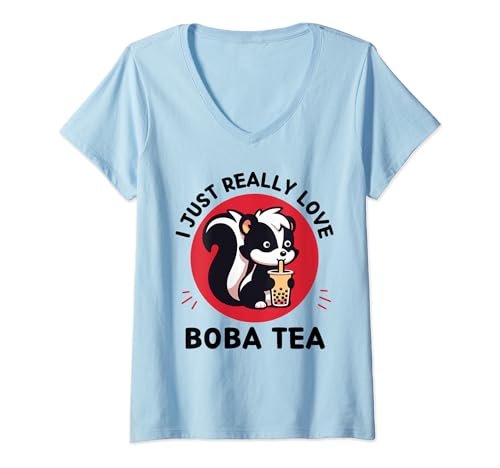 Mujer Kawaii Skunk Me encanta la linda amante del té Skunk Boba Camiseta Cuello V