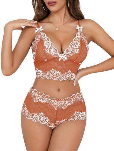 Image of Lilosy Sexy Lingerie for Women Lace Pajamas Set Cami Bra and Panty High Waist Sheer Sleepwear 2 Piece 2XS-6XL