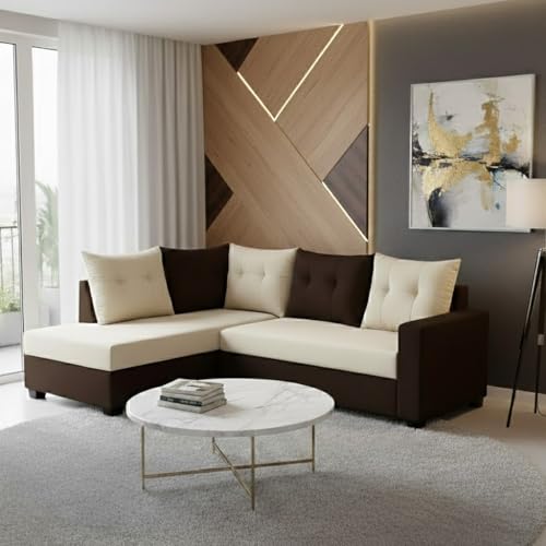 Image of SOCOZI Oriana 4 Seater LHS L Shape Sofa Set | Soft Velvet Suede Fabric | Modern Design | Plush Comfort Cushions for Living Room (Dark Brown-Cream)