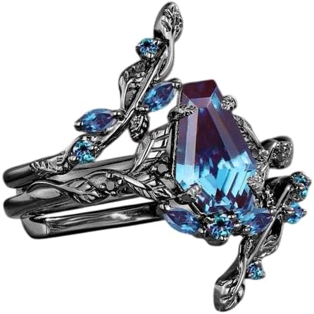 Unique Leaf Coffin Shaped Alexandrite Engagement Ring Set Black Gold Vine Twig Enhance Wedding Band Bridal Promise Ring Gift Set For Her