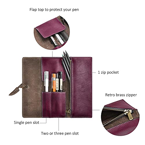 Image of ZLYC Handmade Leather Pencil Case Soft Roll Bag Stationery Gift,Burgundy | multi slot pen storage design,school class daily use,office desk organizer,graduation holiday gift,foldable portable size