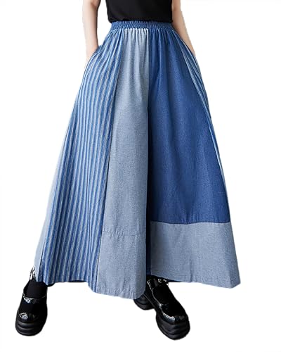 ellazhu Women's Pants Wide Leg Pocket High Waist Patchwork Striped Contrasting Jean GZ467