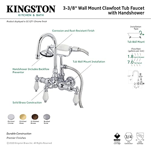Kingston CC11T2 Grifo de bañera para montaje en pared de 3-3/8", latón pulido miniatura 3