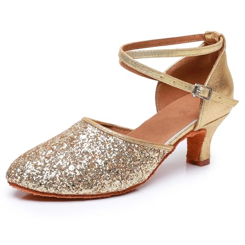 Rosefinch Latein Tanzschuhe für Damen Salsa Bachata Ballsaal Professionelle Performance Tanzschuhe Gold 5cm Absatz 38EU