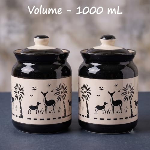 Image of D'Maiolica Ceramic Handmade Pickle Jars in 1000ml (set of 2) | Floral Bale 1 kg Achaar Martban | Ceramic Jadi for Kitchen Storage (Set of 2) | Jars for Achar, Spices, Salt (Artisian Midnight Savannah)