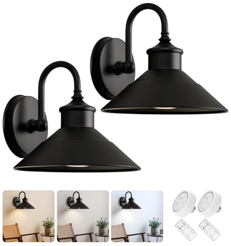 Image of JOESA Battery Operated Wall Sconce Set of 2, Black Vintage Wireless Industrial Cordless Battery Powered Wall Sconces, for Bedroom Farmhouse Gallery