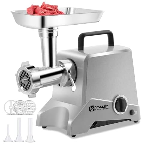 Valley Sportsman #12 Electric Meat Grinder, 575 Watt, Aluminum Housing, Heavy Duty Meat Mincer, Sausage Stuffer Maker, with 1 Stomper Set, 2 Grindering Plates, 3 Stuffering Tubes, 1 Meat Tray, Silver Cover