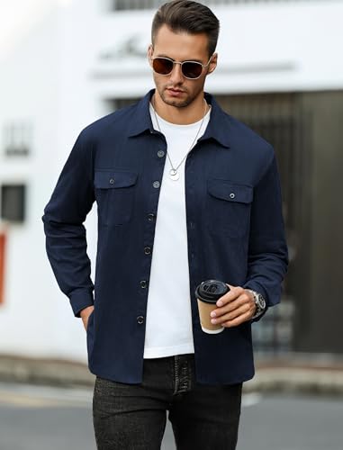 Image of ZAFUL Men's Faux Suede Button Down Shirts Jacket Lightweight Shirt Jacket Long Sleeve Work Coat Solid Color Overshirt