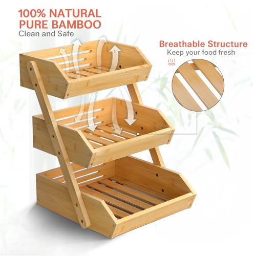 Image of G.a HOMEFAVOR Large Bamboo Fruit Basket, 3-Tier Fruit Bowl for Kitchen Counter, Vegetable Storage Stand for Fruit Shop, 15 mm Thickness (Self-assembly)