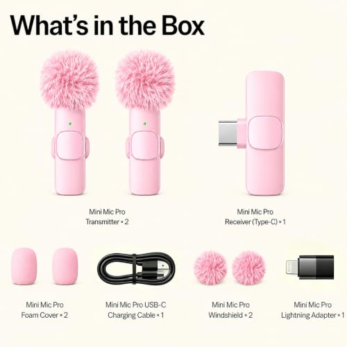 Image of Wireless Lavalier Microphone for iPhone Android, 2Pcs Pink Mic, Plug & Play