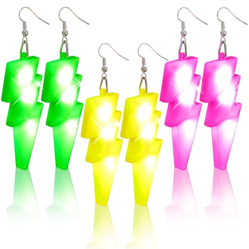 Kenning 3 Pairs 80s 90s Light up Earrings LED Neon Earrings for Women Retro for 80's Outfit Glow Party Accessories Gifts
