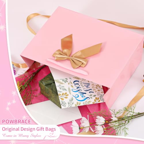 Image of Powbrace 13 inch Bright Pink Bags with Handles, Birthday Gift Bag Set - 1 Gift Bag with Bow, 2 Tissues & Greeting Card for Men Women,Gift Bags Medium size(1 PCS Bright Pink Glossy)