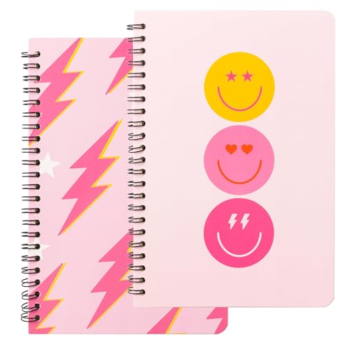 Image of L1rabe 2 A5 Preppy Spiral Notebooks for Teens Girls 100th Day of School Y2K Hardbound Journal for College Student Happy Smile Hardcover Notebooks, Birthday Gifts Pink Notepad Diary for Students Kids