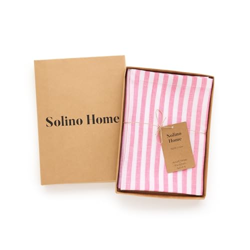 Image of Solino Home 100% Linen Placemats, 14 x 19 in, Pink, Amalfi Stripe, Set of 4 | define each seat for daily meals and dining, woven stripe, European flax fibres, durable everyday quality, OEKO-TEX Certified