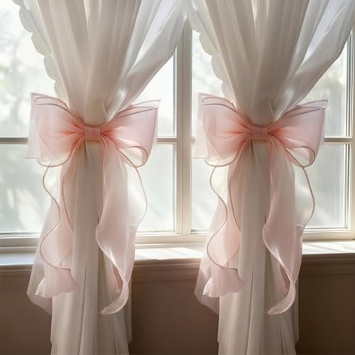 Image of HASTHIP Pink Bow Lace Curtain Tiebacks 2PCS Sheer Lace Curtain Holdbacks with Ruffle Edges, Decorative Bow Curtain Ties Backs for Bedroom, Living Room & Nursery Drapes