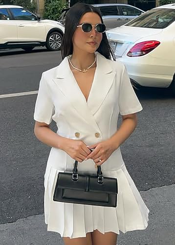 Nihsatin Women's Double Breasted Blazer Jacket Lapel Collar Short Sleeve Pleated Hem Blazer Dress4