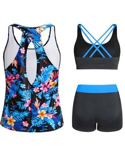 Image of Tempt Me 3 Piece Tankini Swimsuits for Women Athletic Bathing Suits Swim Tank Top with Boy Shorts and Bra Modest Swimwear