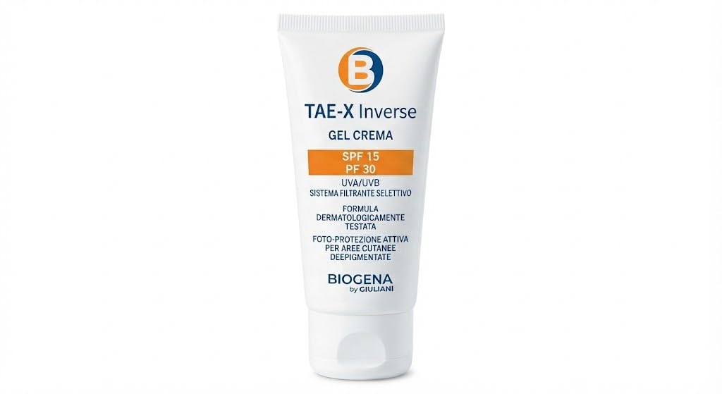TAE-X Inverse Crema Solare per Vitiligine, SPF 15 UVB e UVA PF 30, con Synoxyl HSS, 50ml