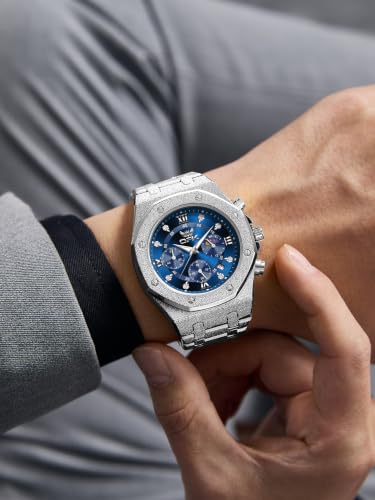 Image of OPK Men Analog Automatic Watches Waterproof Multifunction Chronograph Diamond Moon Phase Luminous Stainless Steel Band Wrist Watches