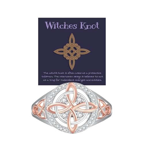 MQCEHTI Witches Protection Knot Ring for Women Handmade Celtic Knot Triquetra Trinity Copper Rings Rose-Gold Detail Jewelry Card (Silver Rose 10)