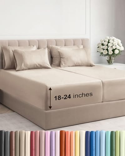Image of Extra Deep Split King Sheet Set - 7 Piece Breathable Cooling Sheets - Wheat | Hotel Luxury Bed Sheets Set, Easy & Secure Fit, Ultra-Soft, Wrinkle & Fade Free, Comfy Sheets Set with Extra Deep Pockets