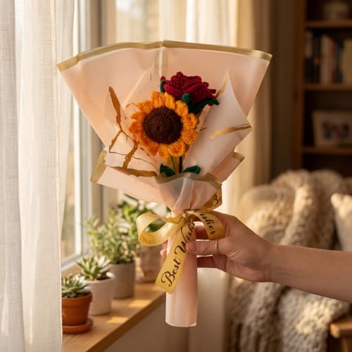 Image of HindCraft Handmade Crochet Flower Bouquet with Sunflower & Red Rose | Artificial Forever Flowers for Decoration | Handmade Gift for Wife, Women, Couples | Birthday Anniversary Wedding Gift