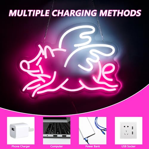 Image of Fly Pig Neon Sign For Wall Decor Studio Room Led Lights, Pink Pig Dream Decor Neon Signs Aesthetic Operated Light For Door Decorations, Bedroom Accessories Neon Sign