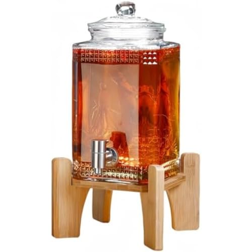 MsiDtsoy ドリンクサーバー ガラス 3L/5L/8L 冷水筒 ドリンクピッチャー保冷 ピッチャー蛇口付き大容量 プラムワインジュースビールフルーツジャ貯蔵容器密閉 厚手ガラスの酒瓶 密閉ガラス瓶 酒泡? 無鉛透明 醸造瓶 (5L,蛇口に台座が付いた