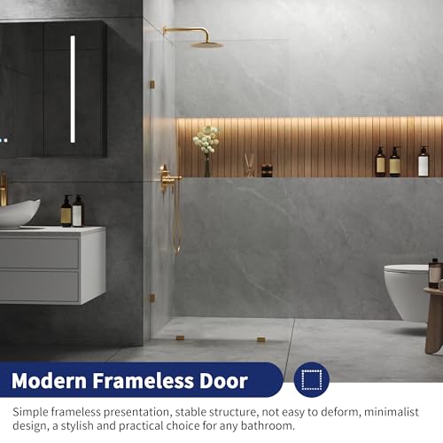 Image of DeerValley 34 inchx74 inch Shower Glass Panel, 5 /16'' (8mm) Thick Fixed Glass Shower Panel, Frameless Shower Screen for Walk in Shower, Tempered Glass Half Door with Stainless Steel Clamps (Gold)