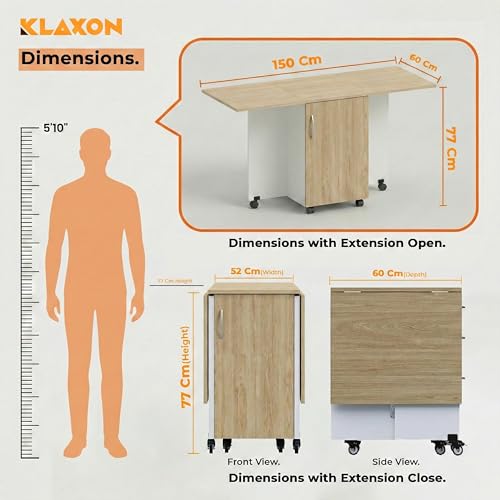 Image of Klaxon Foldable Dining Table [6] Seater with Metal Legs, Space-Saving Convertible Table, Engineered Wood, Home Dining Room (AW & Black, Kryo) (Oak & White - 01)