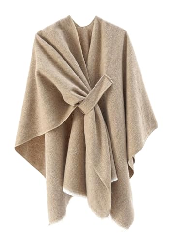 stylesilove Women Elegant Solid Color Fringe Poncho Open Front Shawl Cape Ultra Warm Wrap for Autumn Winter Season