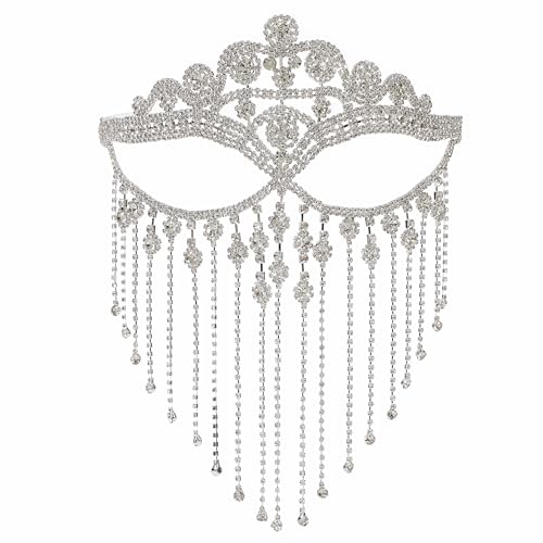 LA CARRIE Rhinestone Masquerade Face Mask Fringe Veil for Women Crystal Jewelry Tassel Chain for Halloween Party Costumes(Sliver)
