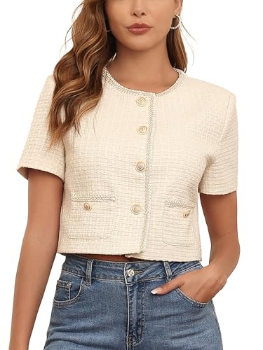 M.Infisavo 2025 Women's Cropped Tweed Blazer Short Sleeve Elegant Round Neck Open Front Cardigan Business Casual Jacket