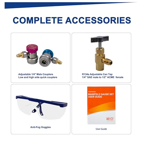 BACOENG Klimaanlage Auto Befüllen Set, R134a Kältemittel Nachfüllset mit 150cm Schlauchset Schnellkupplung, Manifold Gauge Set Geeignet für Kältemittel R134A R410A R407C-4