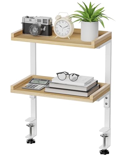 Image of ART-GIFTREE Clamp On Desk Shelf 2-Tier, 12.5 inch Wood Shelving Unit for Office Desk/Gaming Accessories, Tabletop Book Storage Rack, Shelf for Top & Under of Desk, Natural