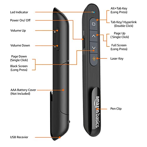 Image of Amazon Basics Wireless USB Laser Flip Pen with Clip, 2.4 GHz, to Control Presentations (Battery Not Included)