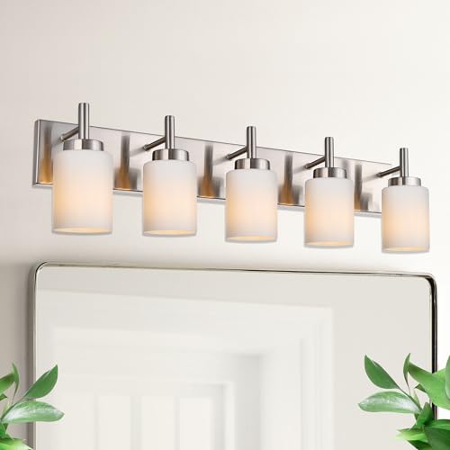 Image of 5 Light Bathroom Light Fixtures in Brushed Nickel Finish Metal Base Wall Mount Lighting with White Glass Shade Bath Wall Sconces for Mirror, Kitchen,Hallway