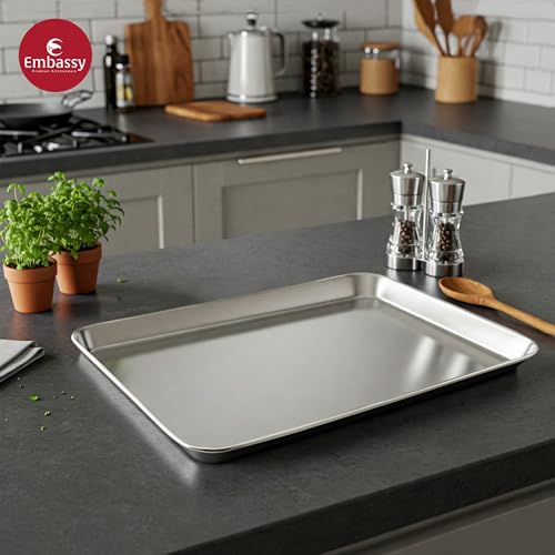 Image of Embassy Stainless Steel Rectangle Deep Tray | 33x22 cm (L x B) | Serving Tray for Kitchen | Food Tray for Parties, Catering, Dining, Baking & Everyday Use | Dishwasher Safe & Easy to Clean