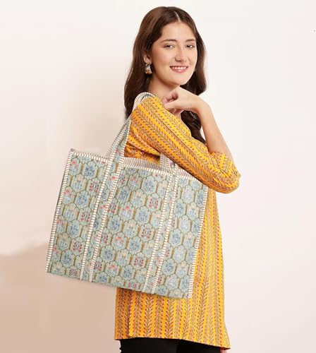 Image of Cotton Tiger Block Print Tote Bag, Indian Handmade Shopping Shoulder Bag, Unisex Market Daily Use