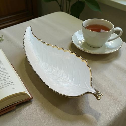 Image of Ceramic Long Leaf Shaped Serving Bowl with Golden Rim | Decorative White Glossy Bowl for Dining Table, Snacks, Fruits & Home Decor | Premium Ceramic Gift Bowl - 1 Pc