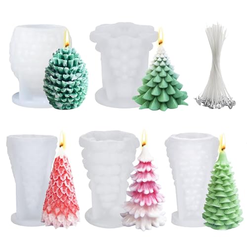 MGLIFEUL 5 PCS 3D Christmas Tree Pine Cone Silicone Candle Soap Epoxy Resin Wax Mold Silicone Shapes Christmas Tree Mold For Candle Resin Soap Craft Cake Chocolate Making Kit Christmas Gift Decoration