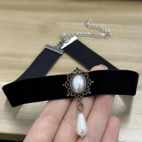 Vintage Black Velvet Choker Necklace for Women Gothic Victorian Crystal Charms Adjustable Chain Necklaces Retro Boho Dress Accessories Punk 80s 90s Christmas Halloween Cosplay Party Jewelry (Shell Pearl Drop)4