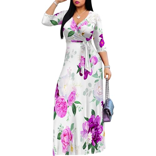 Image of PinkPatty Women's Print Maxi Dresses 3 /4 Sleeve Flowy Long Dress V Neck Wrap Tie Waist Sundress
