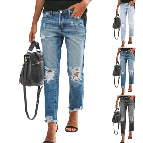 Cropped Jeans for Women Y2K Western Ripped Distressed High Waisted Jeans with Pockets Casual Comfy Ankle Denim Pants