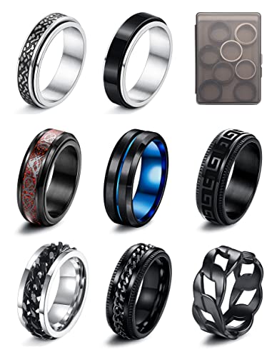 LOLIAS 8Pcs Silver Black Fidget Rings for Anxiety Relief Spinning Rings Cool Chain Silver Black Fidget Rings Trendy Band Rings for Casual to Formal Silver Black Rings for Men