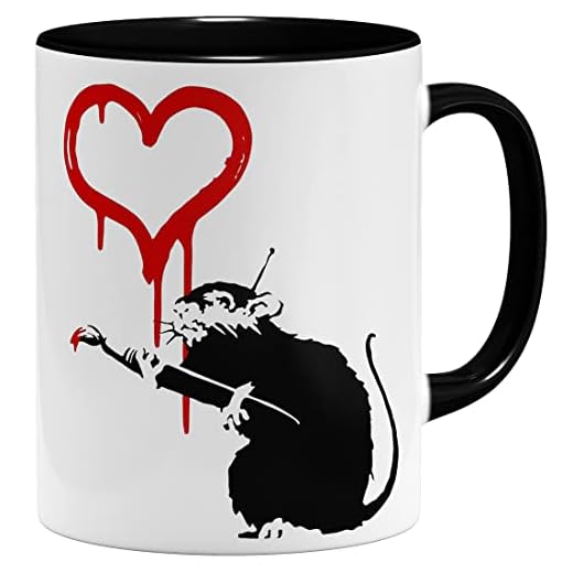 OM3® Love Heart Rat Banksy - Taza de cerámica, 325 ml, impresión por ambos lados, color negro