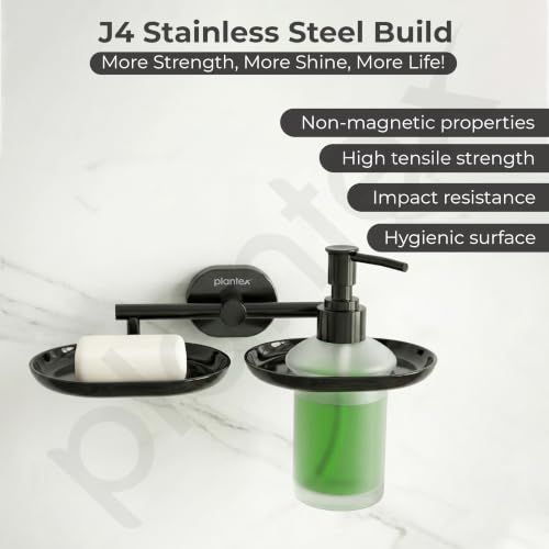 Image of Plantex J4 Stainless Steel Soap Dish with Liquid Dispenser /Soap Stand for Bathroom Wall Mount /Shampoo Dispenser /Bathroom Accessories (PVD Black Finish) Onix