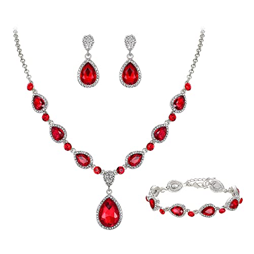Clearine Parures de Bijoux Multi Goutte d'eau Collier Boucles d'Oreilles Bracelet Cristal Mariage Mariée Fantaisie Femme Rouge Ton d'argent Cover