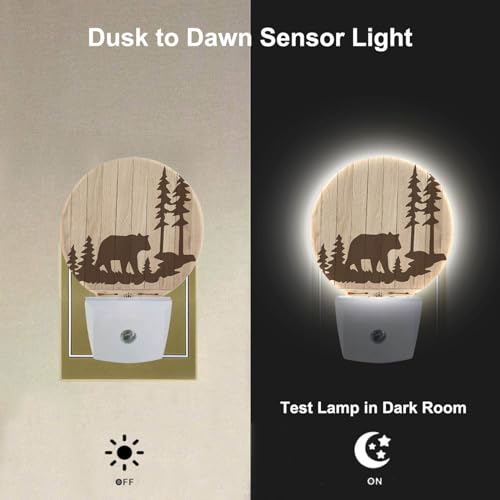 Image of Bear Night Lights Plug into Wall Wildlife Cute Brown Bear Trees Woods Silhouette Night Light Dusk to Dawn Sensor LED Lighting for Bedroom Bathroom Living Room