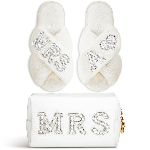 Image of Xtinmee Personalized Initial Wedding Bride Slipper Mrs Pearl Letter Makeup Bag Bachelorette Party Bridal Shower Wedding Gifts(A)